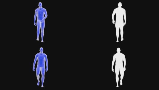 一个蓝色人行走的3D动画-前视图- alpha通道的视频高清在线视频素材下载