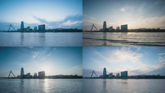 黎明时分，宁波河边的天际线和现代建筑，时光流逝。高清在线视频素材下载