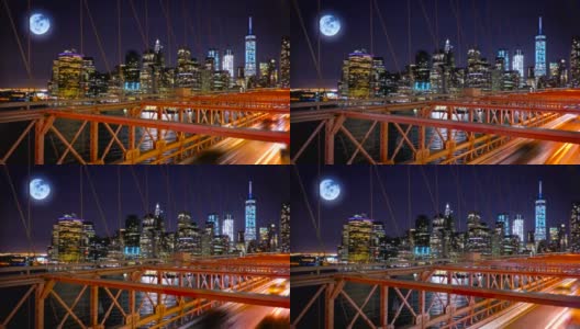 布鲁克林大桥，曼哈顿月亮和自由塔高清在线视频素材下载