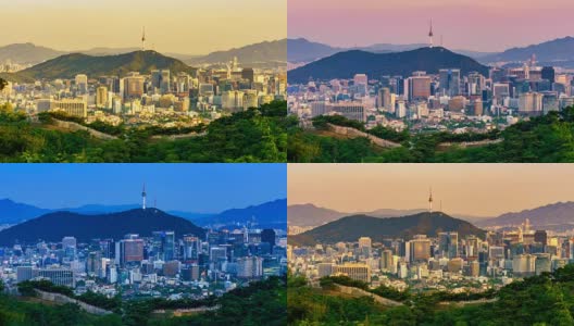 从白天到晚上鸟瞰首尔市中心和南山汉城塔。首尔,韩国。高清在线视频素材下载