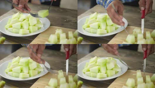 厨师把新鲜的甜瓜切成片放在木桌上高清在线视频素材下载