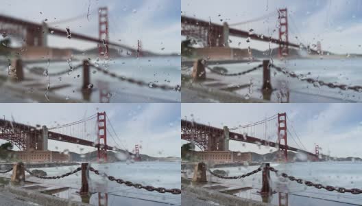 金门大桥的水倒影和海洋水滴玻璃。高清在线视频素材下载