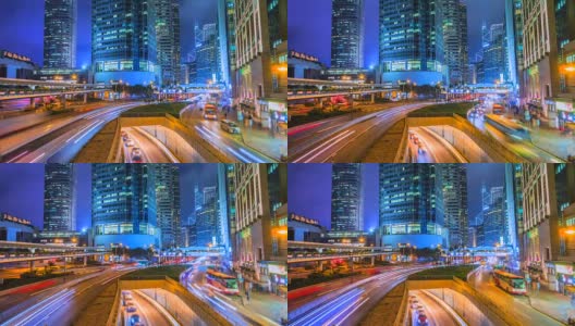 4K，香港市区夜间交通灯及现代建筑物的延时视图高清在线视频素材下载