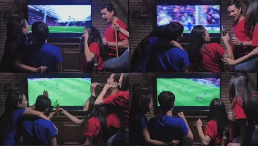 不同的亚洲朋友群在体育酒吧看电视。他们队进了一球，赢了。兴奋的朋友一边看足球比赛一边在酒吧喝啤酒。当他们喜欢的球队得分时，他们都欢呼。快乐的年轻人。高清在线视频素材下载