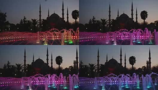 照亮苏丹艾哈迈德清真寺蓝色清真寺日出前，傍晚的喷泉。土耳其伊斯坦布尔高清在线视频素材下载