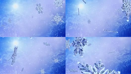 飞翔的雪花在蓝色的雪背景。缓慢的运动。高清在线视频素材下载