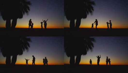 一个四口之家在沙滩上的棕榈树下跳舞。美丽的热带日落。slown运动高清在线视频素材下载