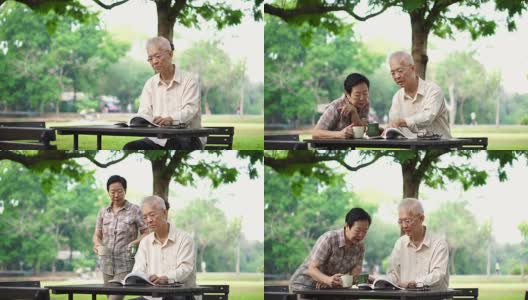 亚洲退休老年夫妇在公园喝咖啡和看书高清在线视频素材下载