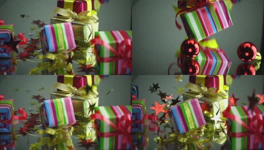 慢动作库存镜头圣诞礼盒下落和反映高清在线视频素材下载