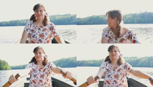 认真专注专注的年轻女子在弗吉尼亚的湖面上划着船，在温暖，柔和的阳光下，阳光，阳光高清在线视频素材下载