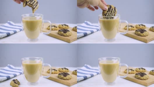 健康的香蕉燕麦饼干和巧克力，健康的甜点和咖啡加牛奶的早餐高清在线视频素材下载