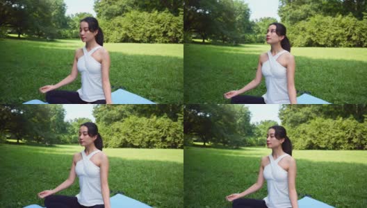 瑜伽教练坐在运动垫上，在公园里冥想高清在线视频素材下载