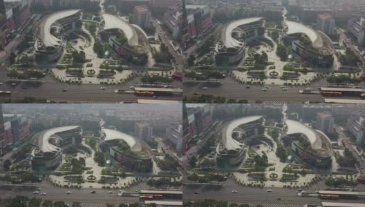 晴天雾霾广州市中心著名商场交通街道高空俯视图4k中国高清在线视频素材下载