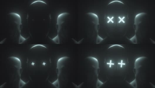 三个人的头和霓虹灯的眼睛，3d渲染。电脑生成的未来背景高清在线视频素材下载
