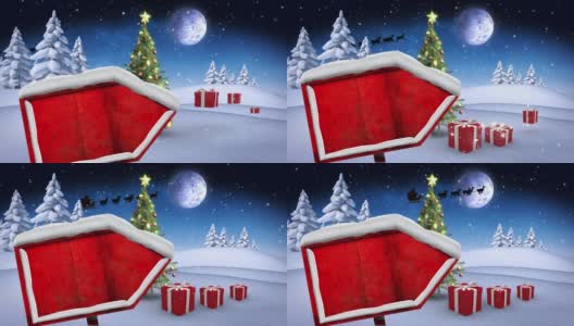 满月时驯鹿拉着雪橇的圣诞老人的黑色剪影动画高清在线视频素材下载