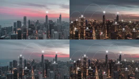 T/L PAN鸟瞰图芝加哥城市天际线和5G网络概念，日落到夜晚的过渡高清在线视频素材下载
