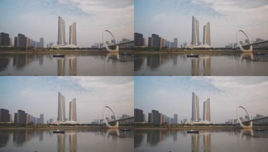 日落时分南京著名国际青年文化中心人行天桥慢镜头全景4k中国高清在线视频素材下载