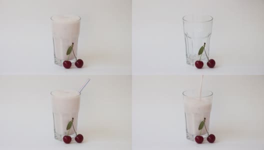 樱桃牛奶鸡尾酒，将奶昔倒入玻璃杯中高清在线视频素材下载