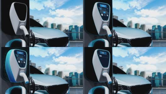 绿色能源和生态动力概念下的电动汽车充电站高清在线视频素材下载