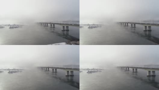 伊尔库茨克安加拉河上的冬日。寒冷的一天。安加拉河汹涌澎湃。伊尔库茨克市的Akademichesky桥。从无人机上射击。从上面看高清在线视频素材下载