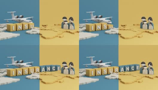 “保险”这个字母在立方体上发光，蓝色和黄色。在世界地图和模型家庭卡通人物和飞机上放置旅行保险的概念，旅行和保护。三维渲染高清在线视频素材下载
