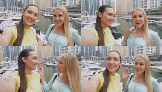 自拍:迪拜码头的女游客高清在线视频素材下载