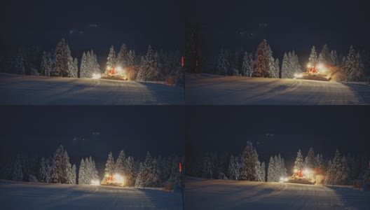 SLO MO Snowcat在晚上准备滑雪坡高清在线视频素材下载