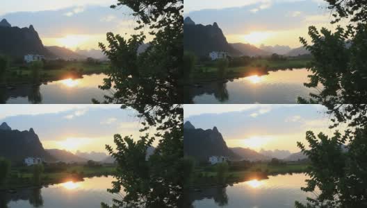 中国桂林遇龙河上的日落。高清在线视频素材下载