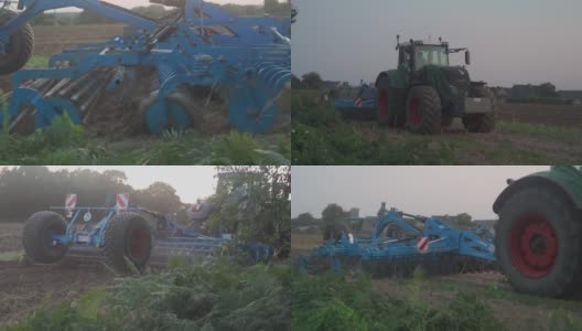 在法国北部布列塔尼地区的一块田地里，收割机器正在工作。在大型种植园使用农业机械收割谷物和豆类。拖拉机犁地。农业综合企业高清在线视频素材下载