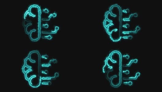 霓虹灯大脑技术图标孤立在黑色背景。人工智能概念图标。高清在线视频素材下载