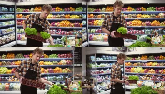 超市的有机蔬菜沙拉吧。在当地超市的酒吧里，一名男店员正在整理新鲜的蔬菜。慢动作高清在线视频素材下载