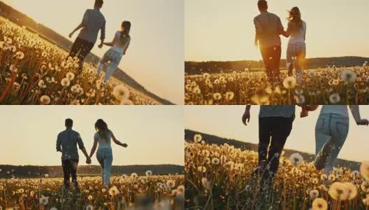 日落时分，一对情侣在草地上跑步高清在线视频素材下载