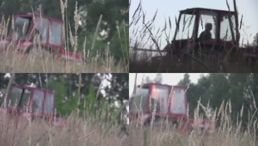拖拉机正割着屋后地上长着的高草，在夕阳下，透过满是种子的干草可以看到高清在线视频素材下载