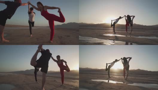 一群人在日落荒地上练习武士瑜伽的快速慢动作高清在线视频素材下载