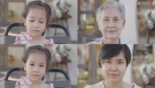 不同年代的亚洲女性特写，展现了可爱的孩子，年轻自信的女人和年长的女人，幸福快乐的看着镜头一起生活。高清在线视频素材下载