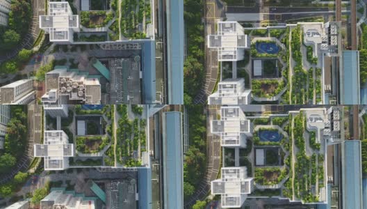 一架无人机在新加坡有屋顶花园的公共住房上空被拍到高清在线视频素材下载