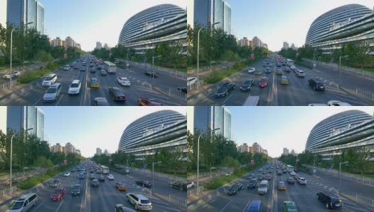 北京城市街道上繁忙的交通和现代建筑，时间间隔为4k高清在线视频素材下载