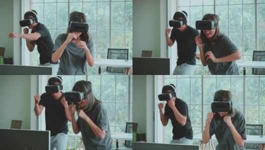 Metaverse，一对年轻夫妇在VR头戴式设备中玩拳击游戏，在家进行虚拟现实踢球训练。高清在线视频素材下载