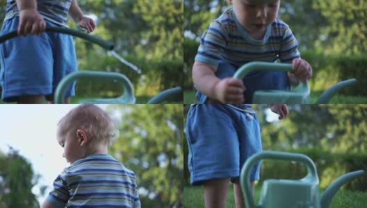 一个小男孩在外面的花园里玩一个塑料喷壶的特写镜头。暑假，快乐童年的理念高清在线视频素材下载