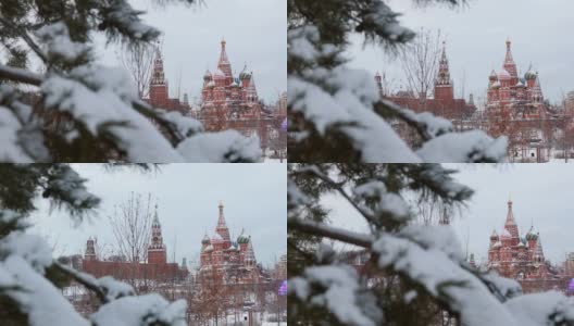 从Zaryadye公园看莫斯科克里姆林宫和圣巴兹尔大教堂高清在线视频素材下载