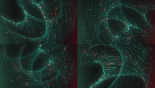 旋转的螺旋线和闪烁的绿色和橙色圆点构成的抽象背景。弦理论。螺旋运动,概念。高清在线视频素材下载