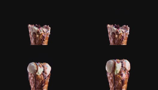 冰淇淋甜筒融化在黑色高清在线视频素材下载