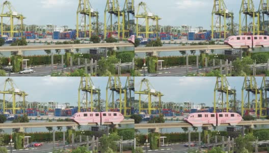 新加坡- 2017年11月28日:以新加坡集装箱港口为背景的圣淘沙高速单轨铁路的视频片段高清在线视频素材下载