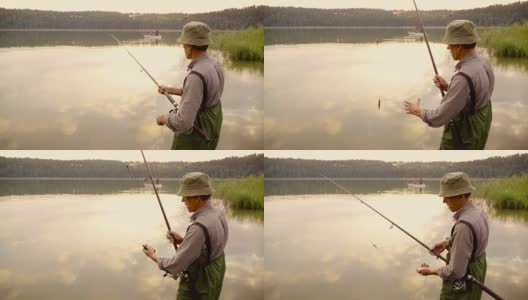 慢动作:日落时用假蝇钓鱼高清在线视频素材下载