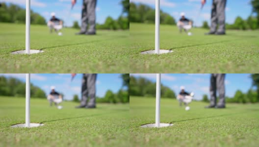 4K老年人高尔夫球手在球道上把高尔夫球打过一个洞高清在线视频素材下载
