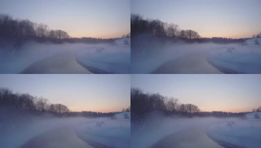 河底的雾，雪岸上结了冰的树。高清在线视频素材下载