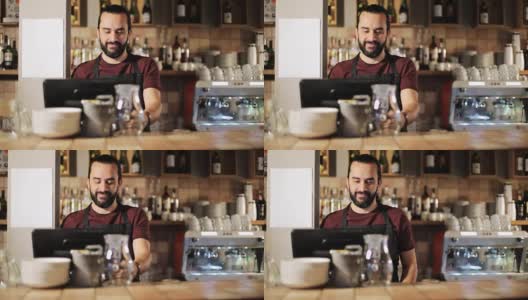 咖啡店收银台的快乐男人或服务生高清在线视频素材下载