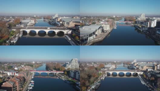 泰晤士河上的金斯敦大桥和金斯敦铁路桥的无人机航拍画面。高清在线视频素材下载