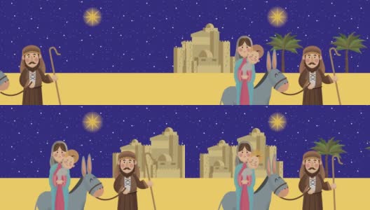 圣诞快乐动画与圣洁的家庭在驴高清在线视频素材下载