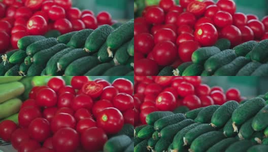 杂货市场。成堆的西红柿、黄瓜和西葫芦高清在线视频素材下载